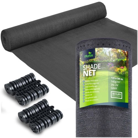 Siatka cieniująca 1,5x50m 140g/m2 + 50 zacisków szara