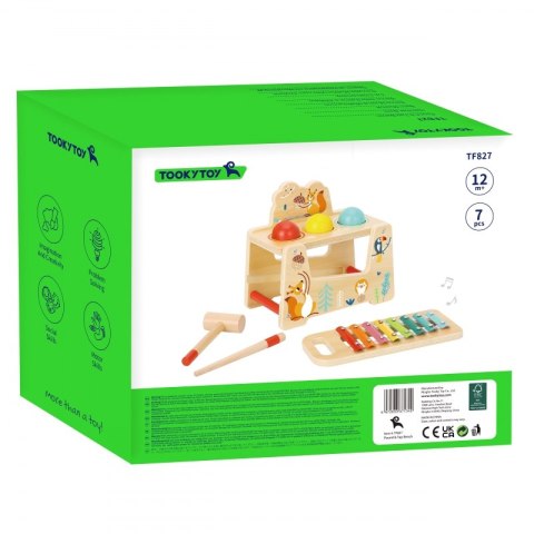 TOOKY TOY Drewniana Przebijanka Wbijanka 2w1 Instrument Muzyczny Zwierzątka z Cymbałkami Wiewiórka