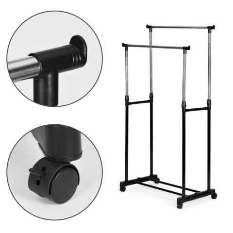 Uniwersalny podwójny wieszak stojący na ubrania z regulacją wysokości kółka 2 drążki ModernHome