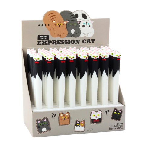 Długopis Żelowy Kot z Muchą Niebieski Tusz Zatyczka Czarno Biały 16,5cm