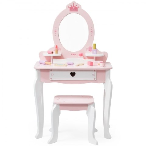 VIGA Duża Toaletka Drewniana Biało-Różowa z Lustrem i Krzesełkiem