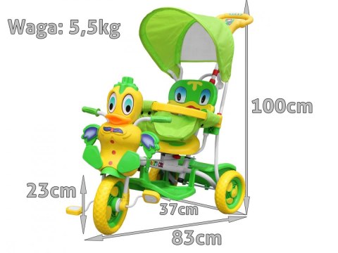 3-kołowy Rowerek dla dzieci Kaczka Zielony + Dźwięki + Daszek + Barierka + Podnóżek + Rączka + Schowek