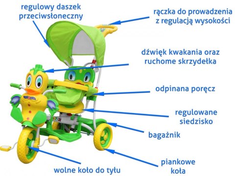 3-kołowy Rowerek dla dzieci Kaczka Zielony + Dźwięki + Daszek + Barierka + Podnóżek + Rączka + Schowek