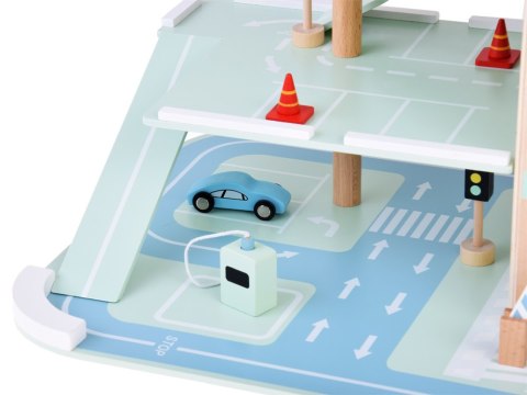 Piętrowy parking drewniany WINDA zjazdy autka znaki duży zestaw ZA5615