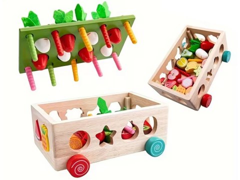 Sorter Montessori drewniany wózek złap robaczka marchewki układanka