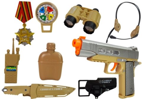 Zesztaw żołnierza Karabin Pistolet Nóż Lornetka Słuchawki Gwizdek