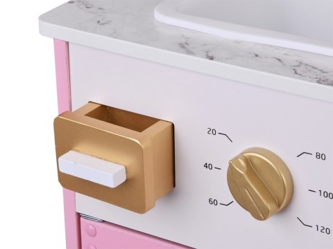 Duża kuchnia drewniana interaktywna glamour złote dodatki ekspres