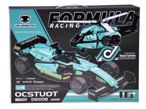 Klocki techniczne 2w1 Bolid Formuła 1 helikopter 736ele naklejki