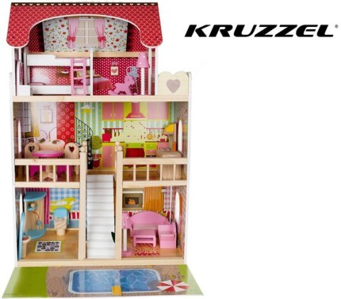 +LED Domek drewniany dla lalek - willa z basenem D11251