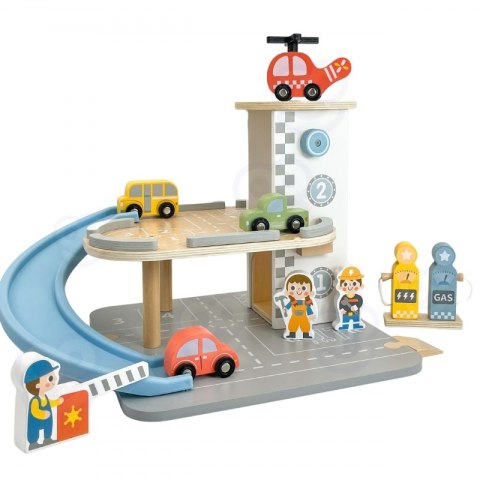 GREEN Drewniany Parking Piętrowy 2w1 Stacja Benzynowa z Autkami i Figurkami 12 el. FSC