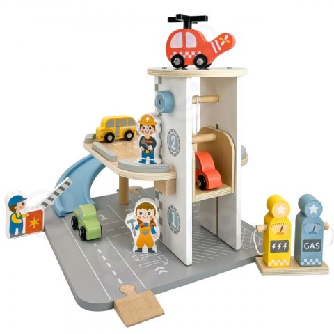 GREEN Drewniany Parking Piętrowy 2w1 Stacja Benzynowa z Autkami i Figurkami 12 el. FSC