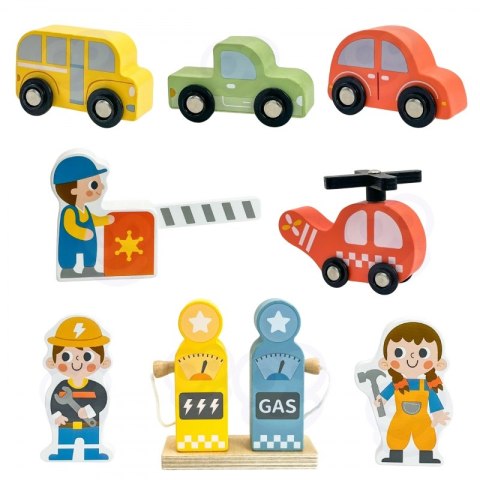 GREEN Drewniany Parking Piętrowy 2w1 Stacja Benzynowa z Autkami i Figurkami 12 el. FSC