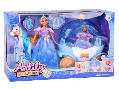 Bajkowa lalka księżniczka w balowej sukni + królewska karoca koń