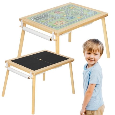 GREEN Drewniany Stolik Aktywności 4w1 Tablica Kredowa Pojemniki Mapa Miasta Papier Rysunkowy