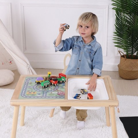 GREEN Drewniany Stolik Aktywności 4w1 Tablica Kredowa Pojemniki Mapa Miasta Papier Rysunkowy