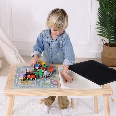 GREEN Drewniany Stolik Aktywności 4w1 Tablica Kredowa Pojemniki Mapa Miasta Papier Rysunkowy