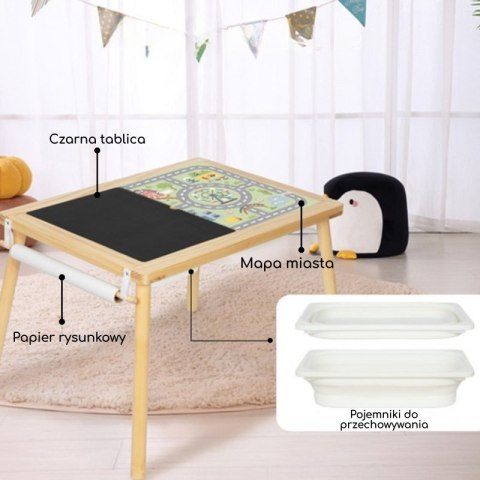GREEN Drewniany Stolik Aktywności 4w1 Tablica Kredowa Pojemniki Mapa Miasta Papier Rysunkowy