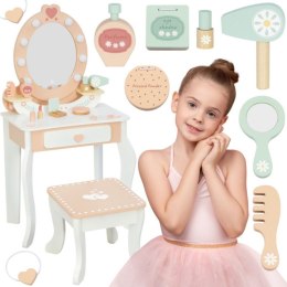  Drewniana Toaletka z Krzesełkiem Akcesoria Lustro z Oświetleniem LED + Kosmetyki