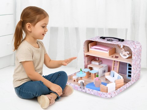KWIECISTY Domek dla lalek w zamykanej walizce + drewniane mebelki