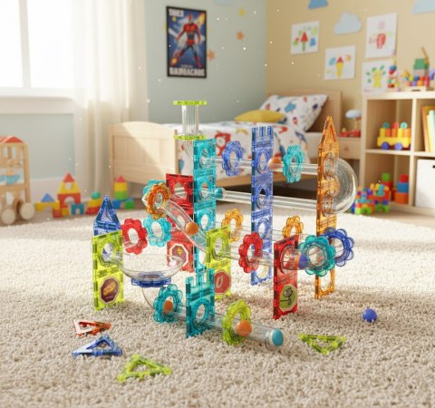 Klocki magnetyczne kontrukcyjne 3D tor kulkowy kulodrom 113 elementów