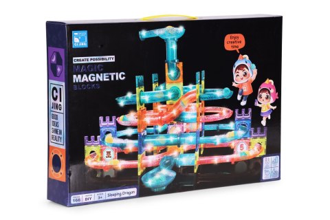 Klocki magnetyczne tor kulkowy LED klocki konstrukcyjne kulodrom 166 elementów