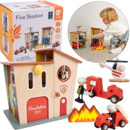  Remiza Strażacka Drewniana Garaż Auto Helikopter Figurki 13el.