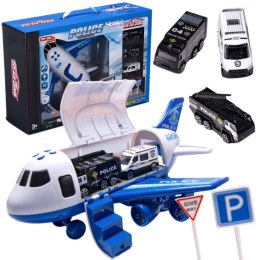 Samolot Rozkładany Transporter Policja z 3 Autami Policyjnymi Zestaw XL Znaki Drogowe