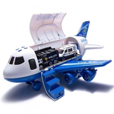 Samolot Rozkładany Transporter Policja z 3 Autami Policyjnymi Zestaw XL Znaki Drogowe