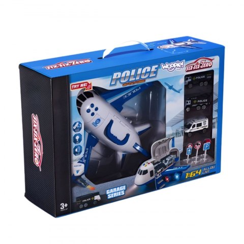 Samolot Rozkładany Transporter Policja z 3 Autami Policyjnymi Zestaw XL Znaki Drogowe