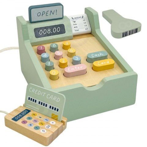 GREEN Drewniana Kasa Sklepowa Edukacyjna z Akcesoriami 23 el. FSC