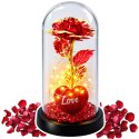 Wieczna Róża w Kopule z Oświetleniem LED Sercem Koralikami Czerwona 21x11cm