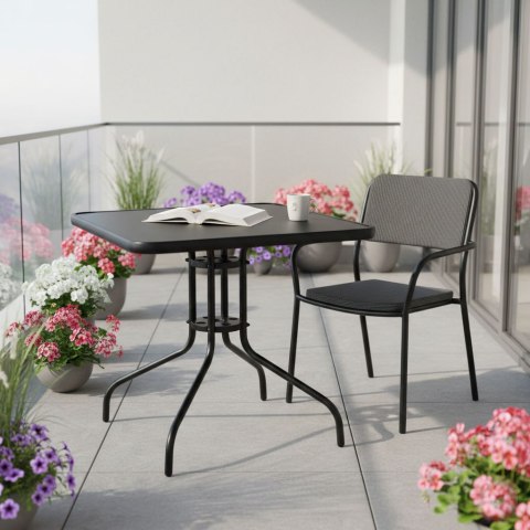 Stolik ogrodowy kwadratowy 80 cm szkło hartowane otwór na parasol czarny MultiGarden