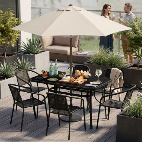 Stół ogrodowy 120x70 cm szkło hartowane otwór na parasol czarny MultiGarden