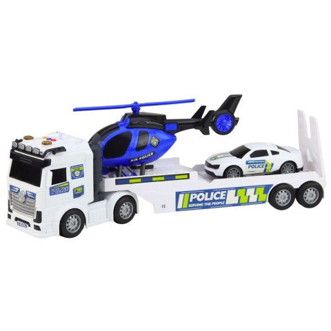 Zestaw Policyjny Ciężarówka Laweta Auto Helikopter Światła Dźwięk