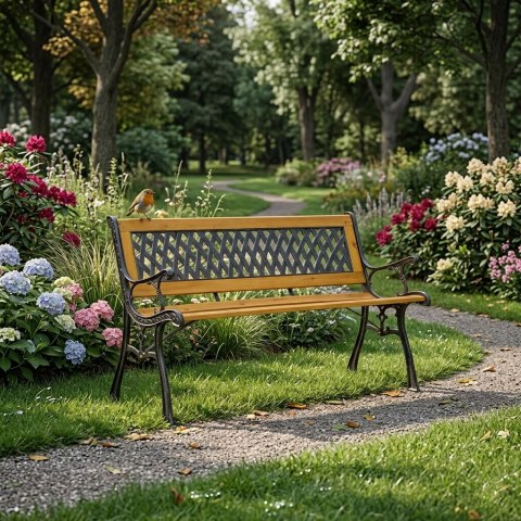 Drewniana ławka ogrodowa z ażurowym oparciem i żeliwnymi nogami parkowa MultiGarden