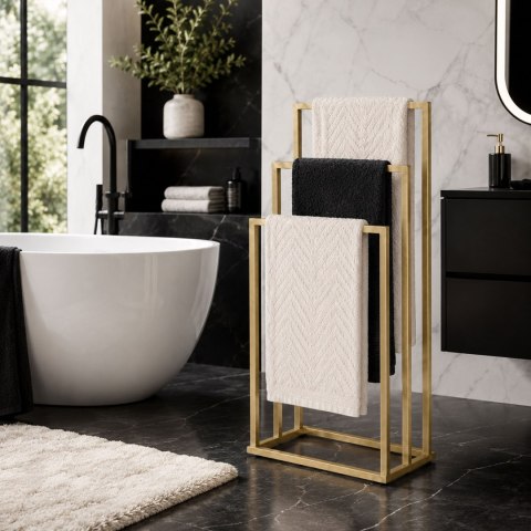 Stojak na ręczniki wieszak wolnostojący metalowy 3 ramiona złoty ModernHome
