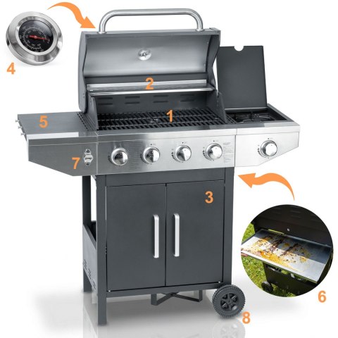 Grill gazowy ogrodowy żeliwny ruszt z pokrywą 4+1 palniki Berdsen BD-897