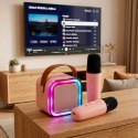 Zestaw do karaoke 2 mikrofony + głośnik przenośny BLUETOOTH USB LED różowy