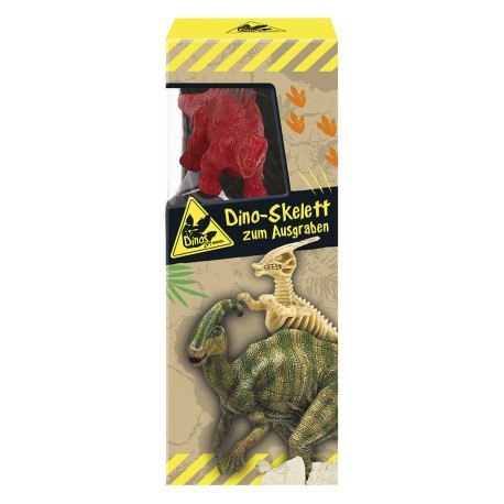 Wykopaliska, szkielet oraz figurka dinozaura, zest