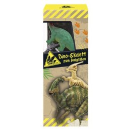 Wykopaliska, szkielet oraz figurka dinozaura, zest