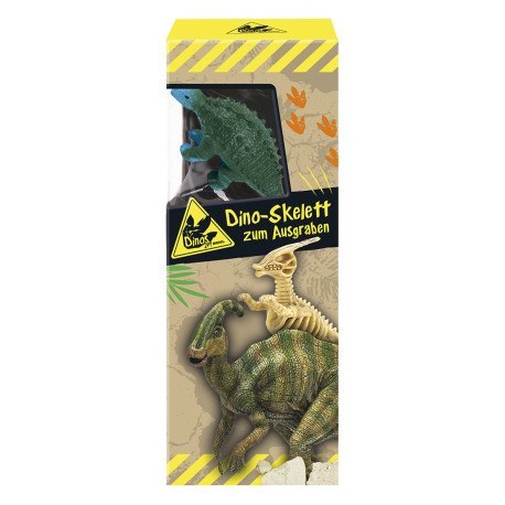 Wykopaliska, szkielet oraz figurka dinozaura, zest