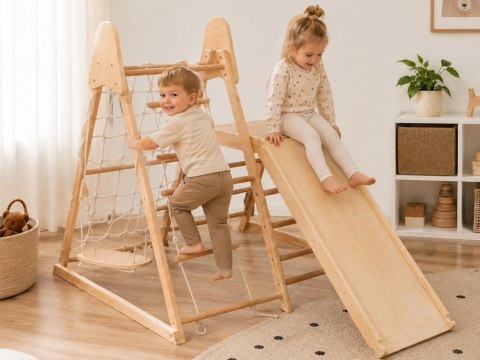 Drewniany Domowy Plac Zabaw 4w1 Zjeżdżalnia Siatka Drabinka Huśtawka SP0874