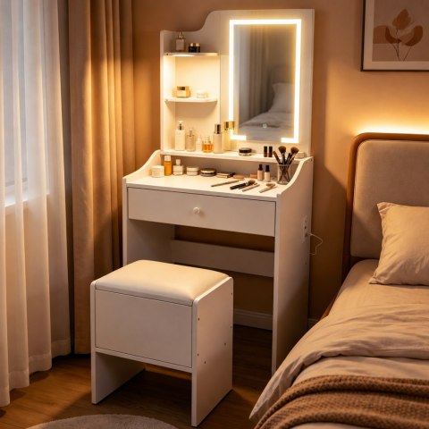 Toaletka kosmetyczna z lustrem i oświetleniem LED 3 barwy półki szuflada taboret ModernHome