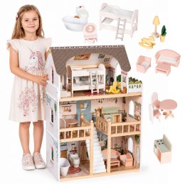 Drewniany domek dla lalek Laura 3 piętra 5 pomieszczeń 15 mebelków ECOTOYS