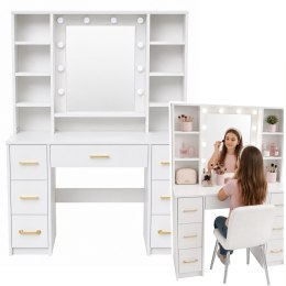 Duża Toaletka Lustro Ze Światłem LED Półki 7 Szuflad Biała 140x100x40 cm