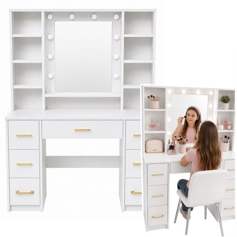 Duża Toaletka Lustro Ze Światłem LED Półki 7 Szuflad Biała 140x100x40 cm
