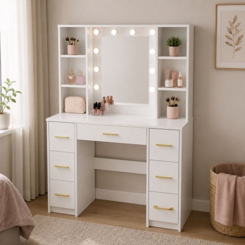 Duża Toaletka Lustro Ze Światłem LED Półki 7 Szuflad Biała 140x100x40 cm