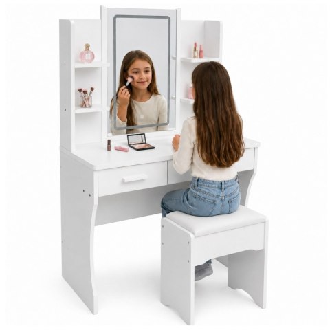 Toaletka Kosmetyczna Z Lustrem LED Półki Szuflady Biała 140x80x40 cm