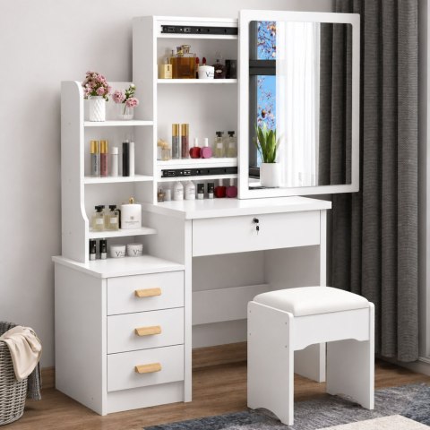 Toaletka Kosmetyczna z Lustrem Szuflady Półki Taboret Biała 130x80x36 cm