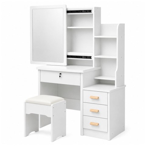 Toaletka Kosmetyczna z Lustrem Szuflady Półki Taboret Biała 130x80x36 cm